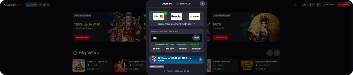 Katana Spin make a deposit